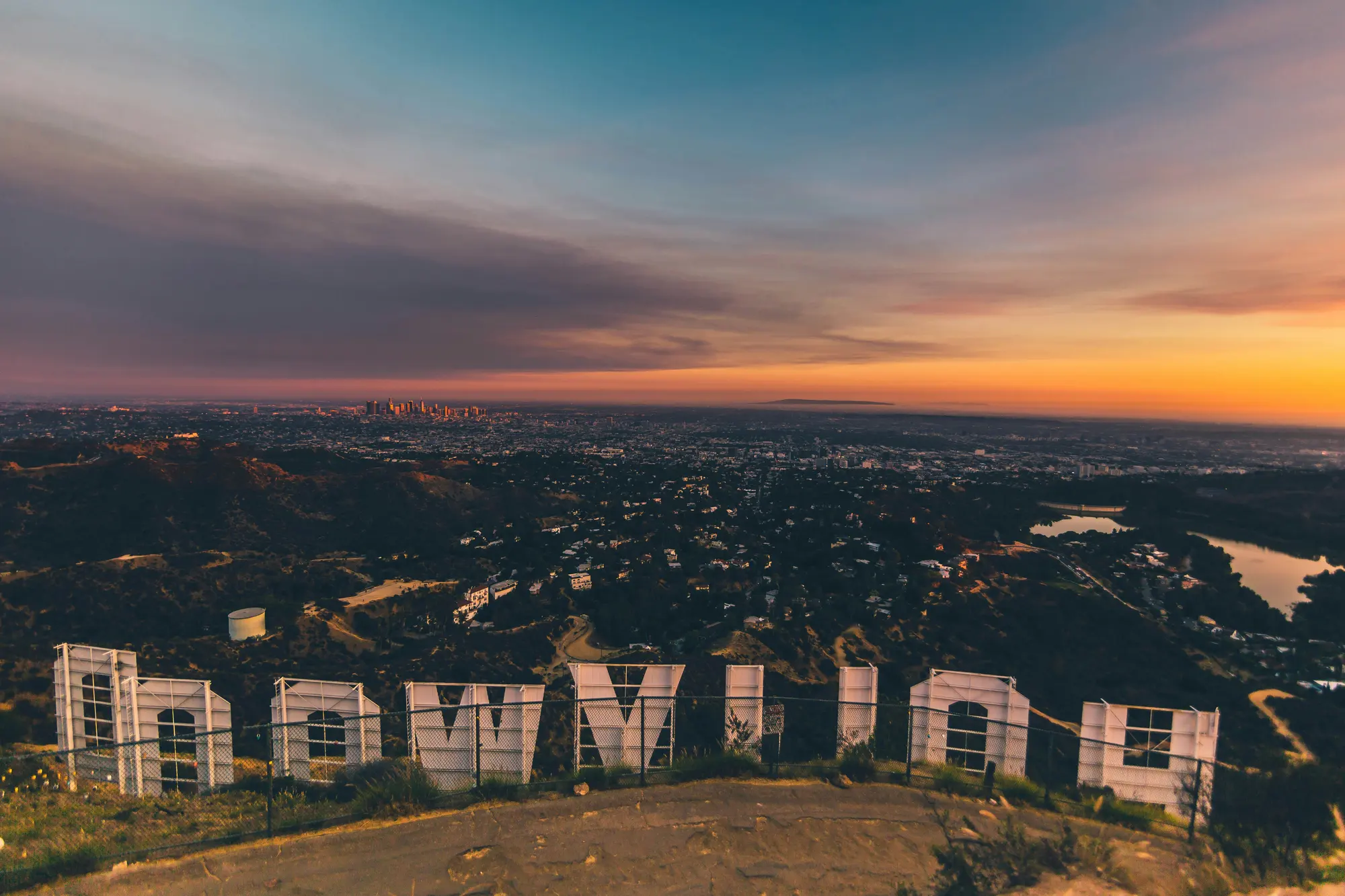 Sunset over Los Angeles, looking toward downtown from the hills